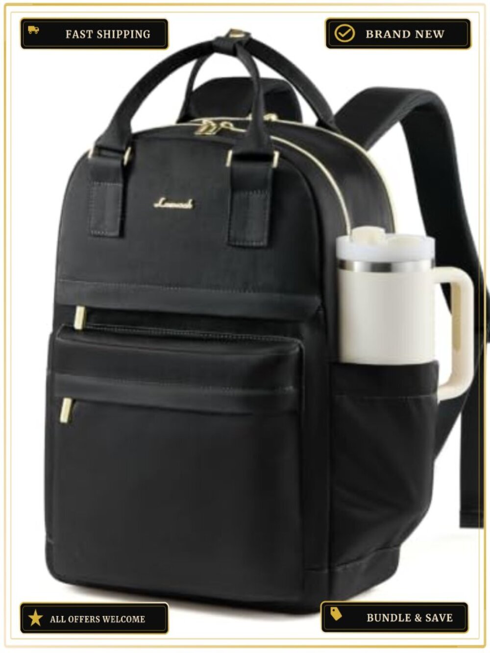 Waterproof Laptop Backpack Women with Travel Tumbler Pocket 15.6 Inch
